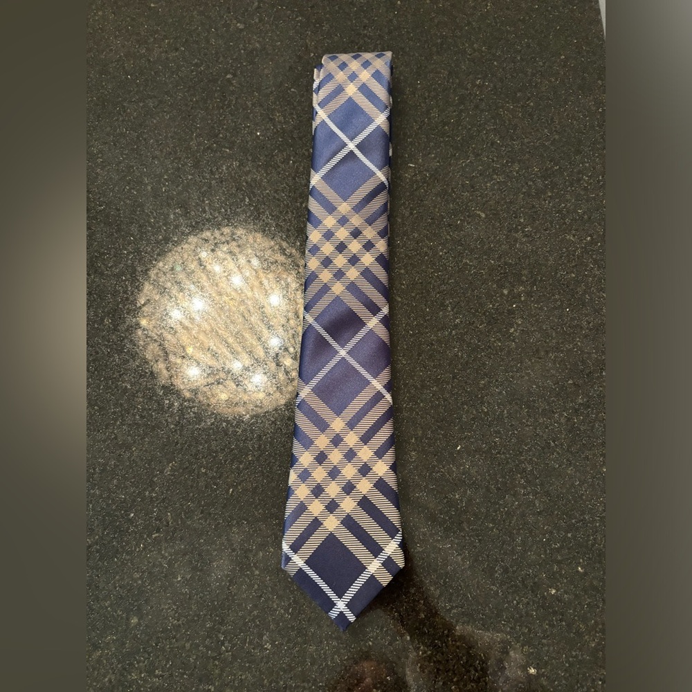 Navy, caramel and white Plaid Men's Tie